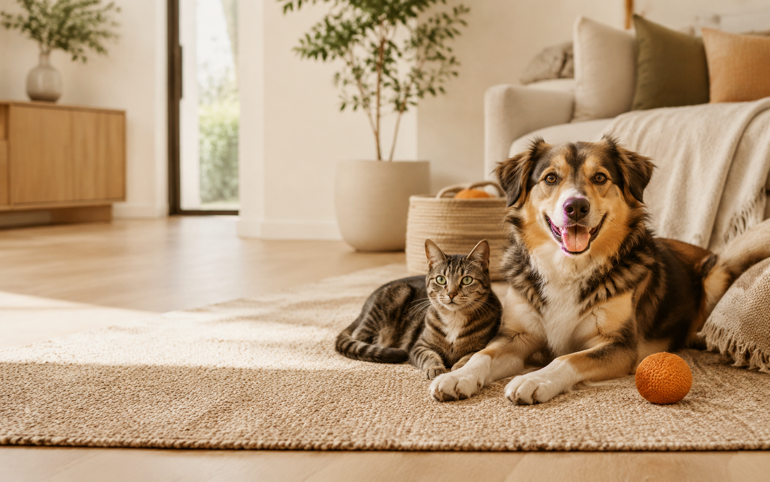 A dog and cat relaxing together in a warm modern home